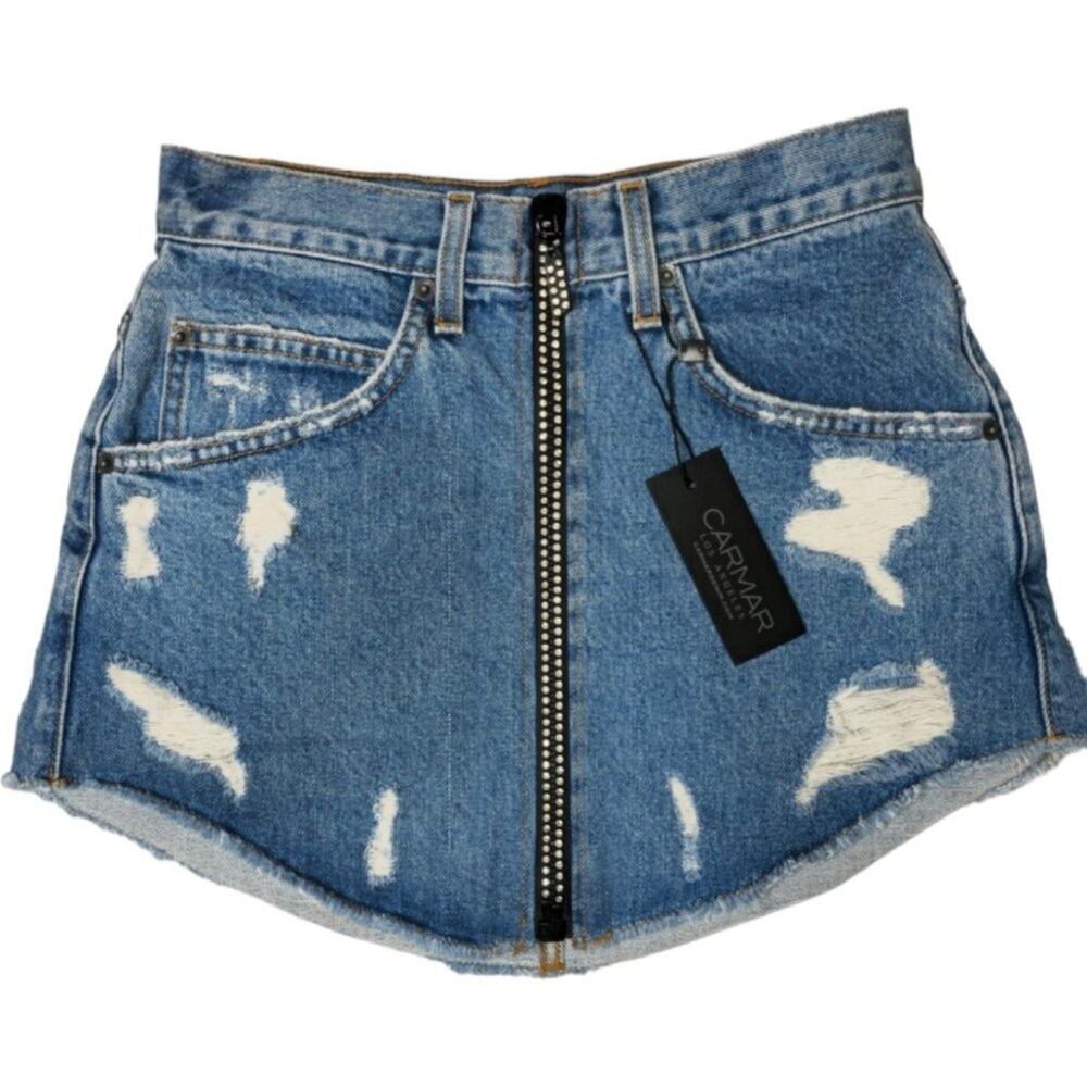 Carmar Beatrice Rhinestone Zipper Distressed Mini‎ Skirt Size 26